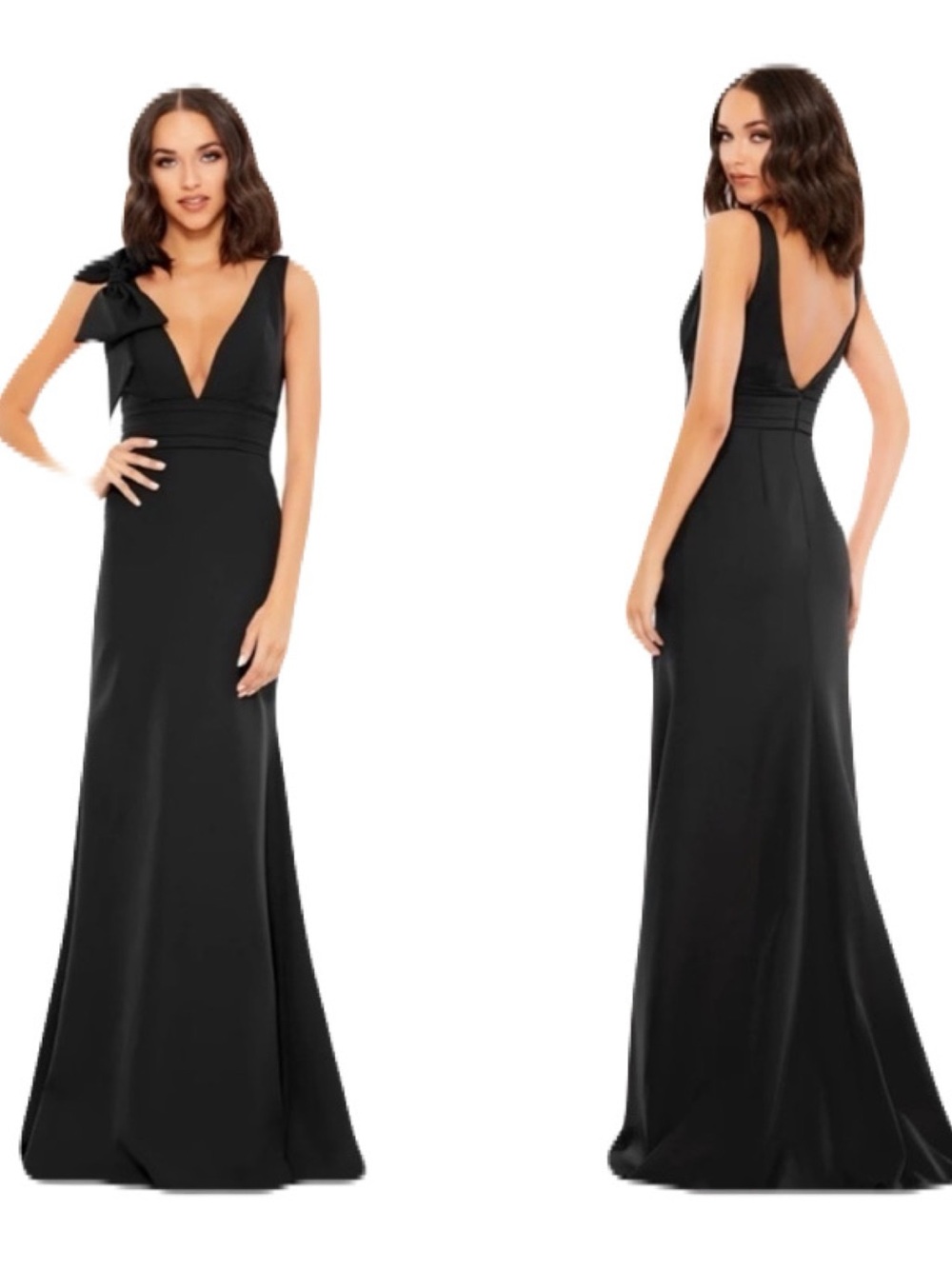 Mac Duggal Women’s Size 16 Black V-Neck Maxi Gown with Shoulder Bow Formal Party